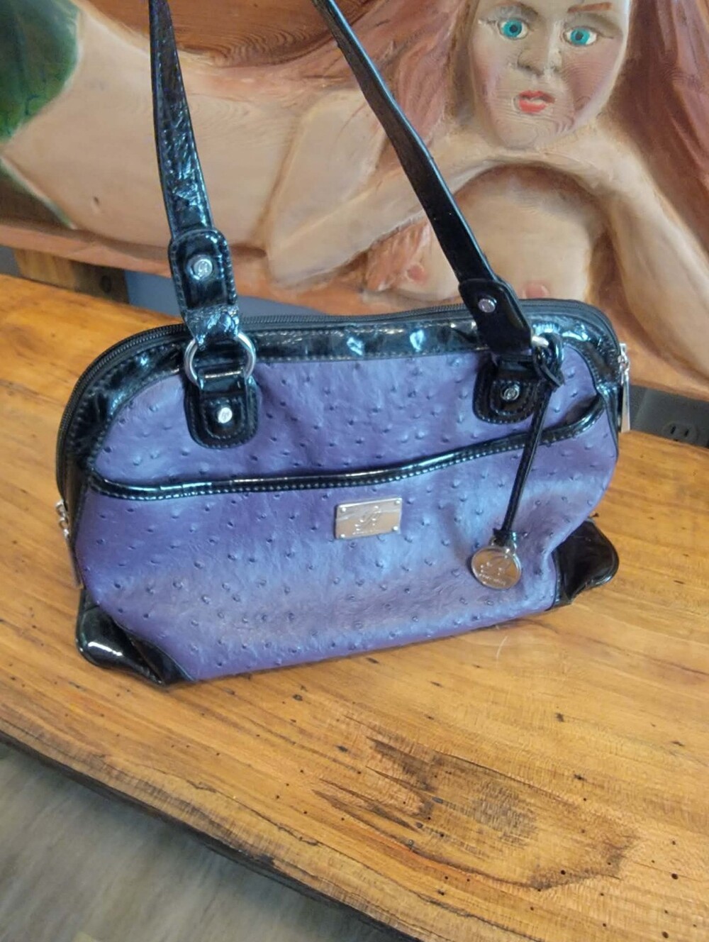 Grace Adele Purple Faux Ostritch Leather&Black Patent Leather Multi Pocket Purse
